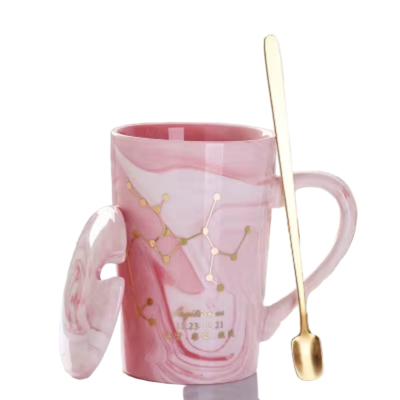 380ML Natural Marble 12 Constellation Ceramic Pink Zodiac Mug with Lid
