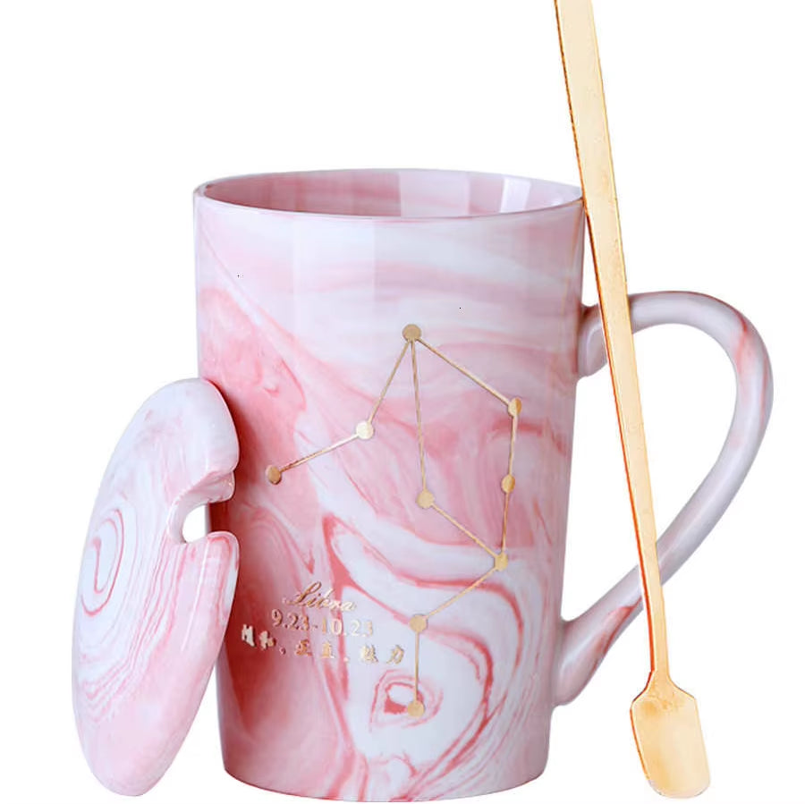 380ML Natural Marble 12 Constellation Ceramic Pink Zodiac Mug with Lid