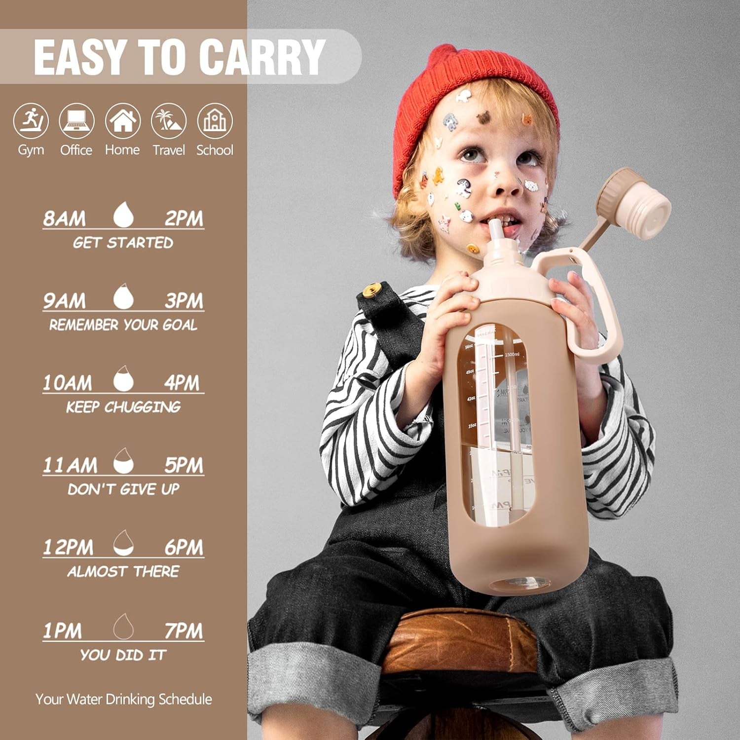 64Oz Glass Water Bottles with Straw, Half Gallon Water Jug with Time Marker, Amber