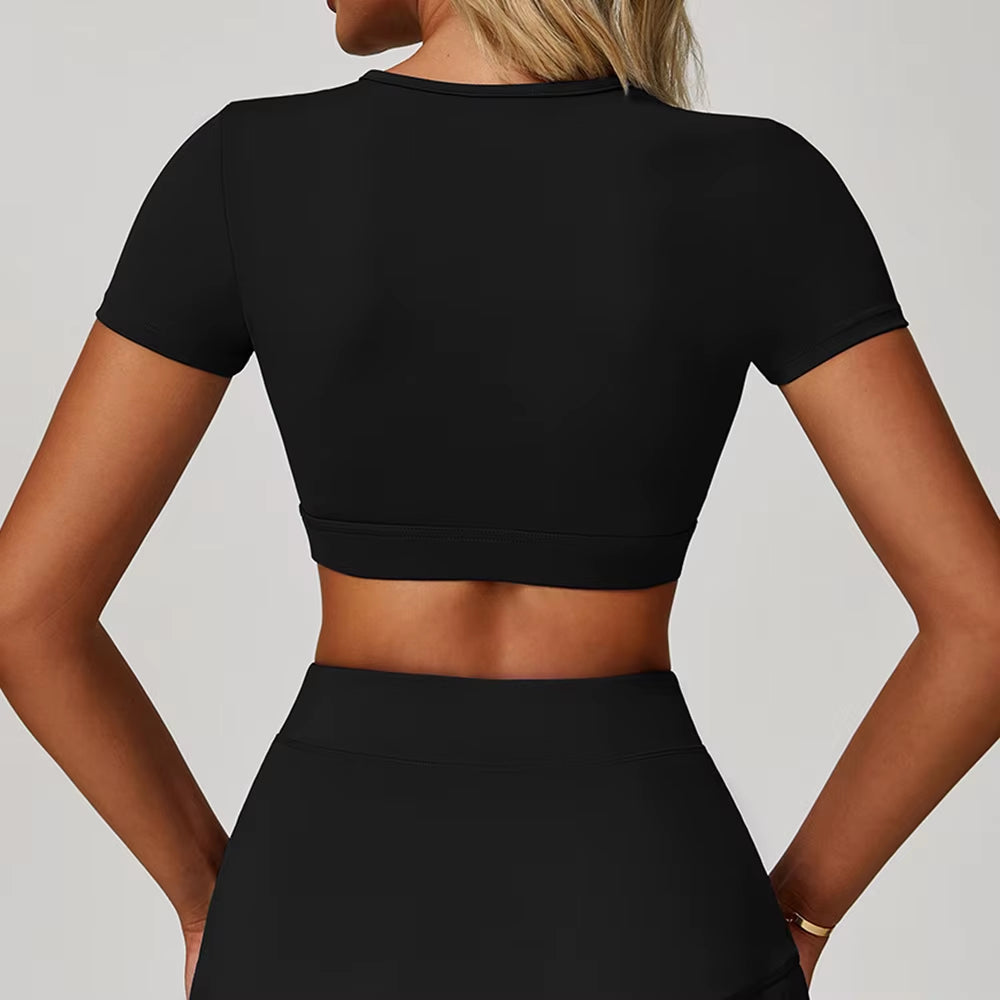 Women Pilates Training Fitness Suit Chest Cushion Yoga Suit Hollow Out Top Quick Drying Sports Short Sleeved Breathable T-Shirt