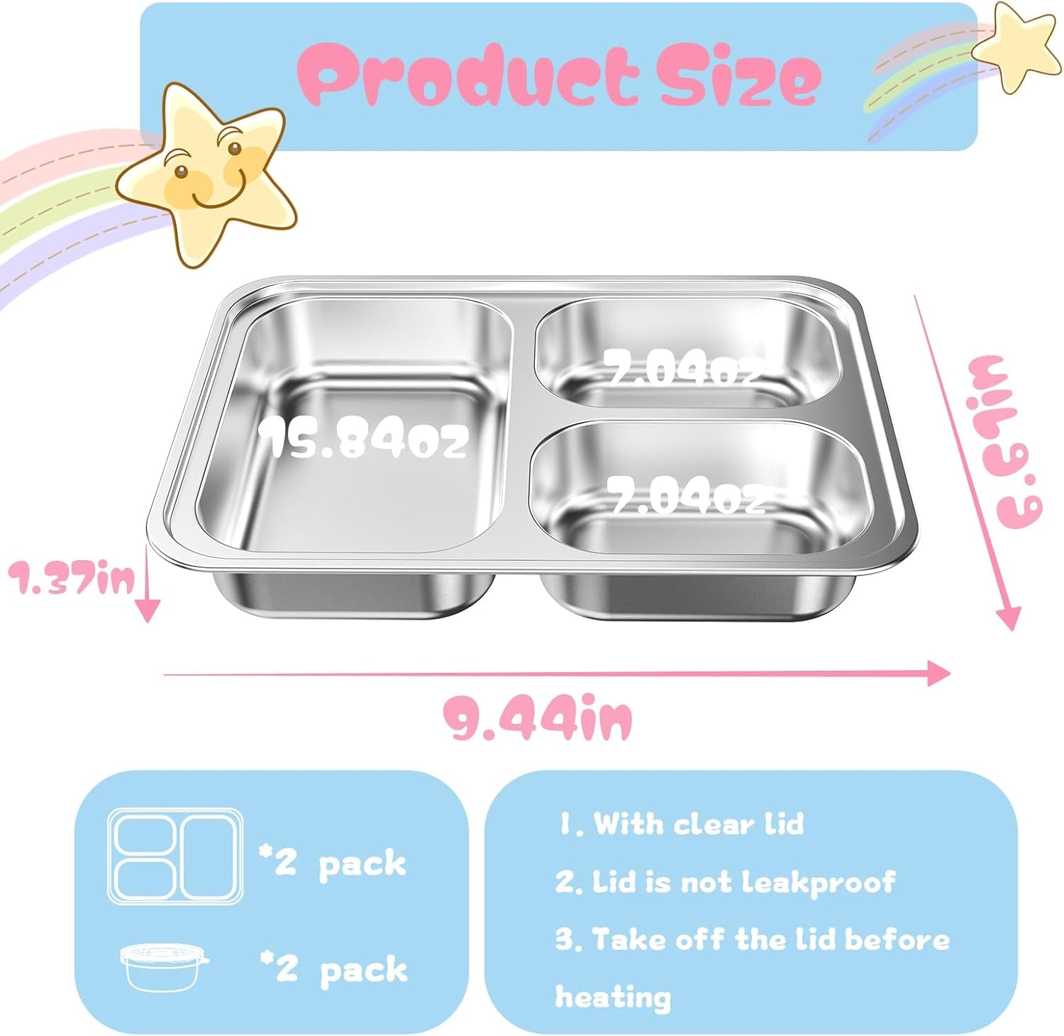 Stainless Steel Divided Plate for Kids Toddler, Non Toxic Portion Control Plate Dinner Plate with Lid, 2 Pack 3 Sections Rectangular Snack Plate