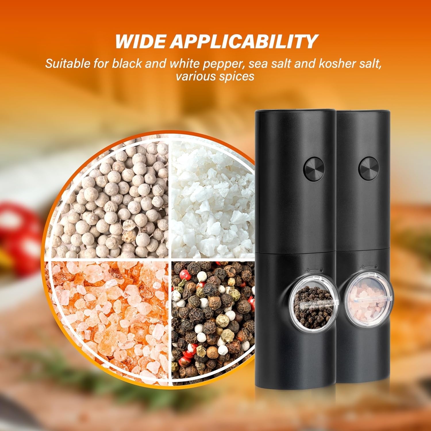 Electric Salt and Pepper Grinder Set, One Hand Adjustable Coarseness, Battery Powered, Seasoning Tools for Kitchen