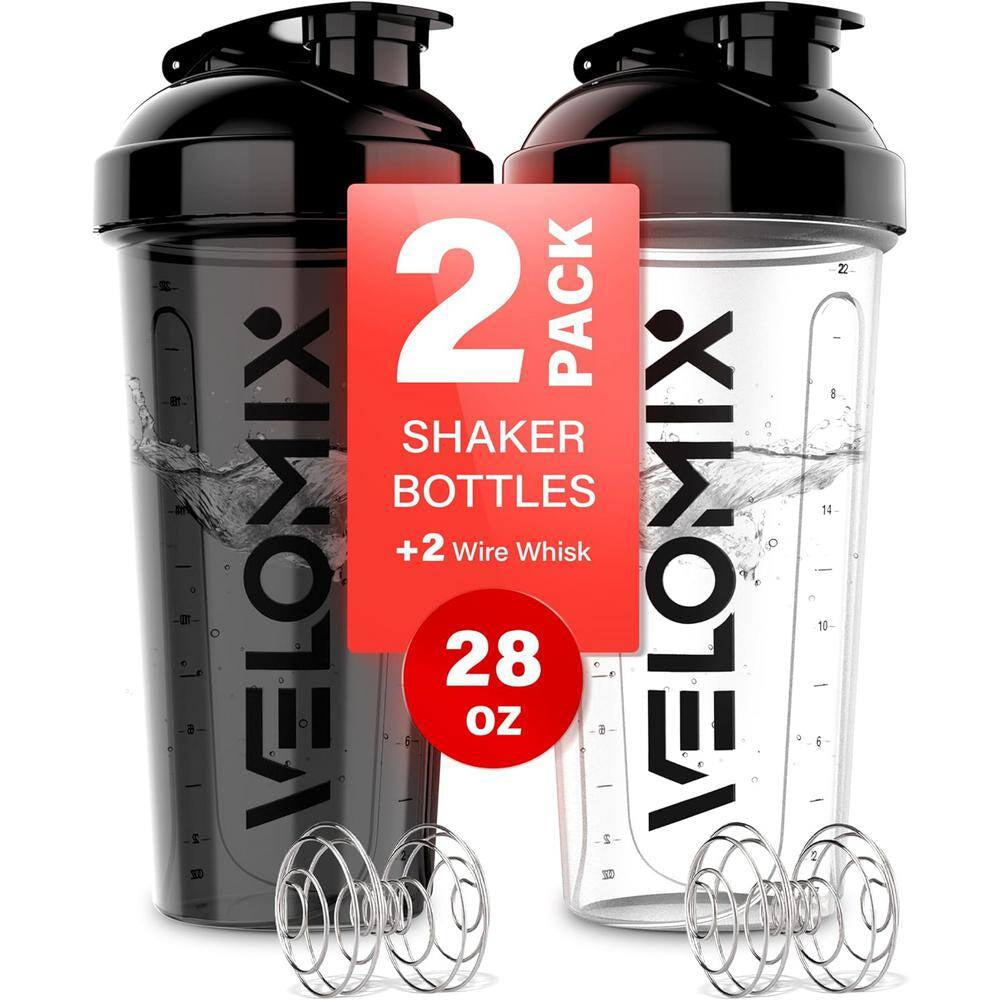 28 Oz. Black Plastic Water Bottle with Leak Proof Lid, Protein Shaker for Smoothies and Cocktails (2-Pack)