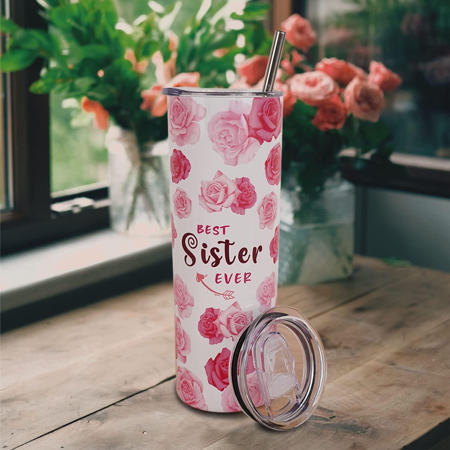 20 Oz Pink Floral Tumbler with Lid and Straw