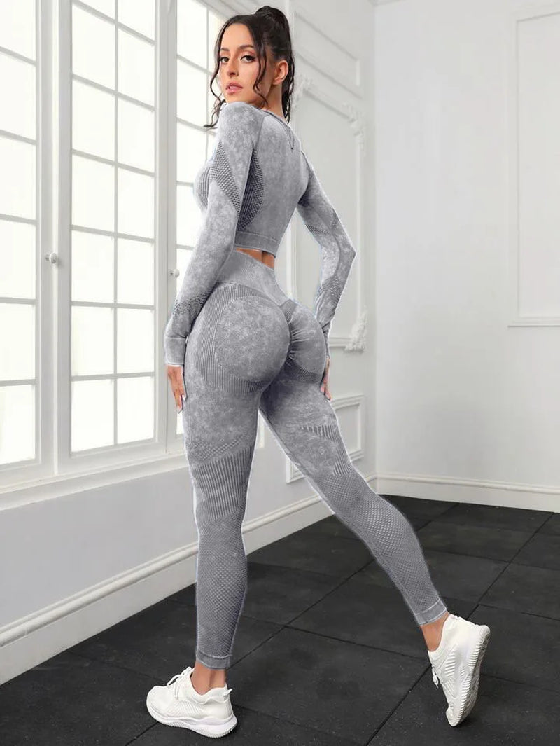 2 Piece Acid Wash Gym Set Women Seamless Long Sleeve Leggings Tracksuit Sports Fitness Suit Scrunch Workout Clothes Yoga Outfits