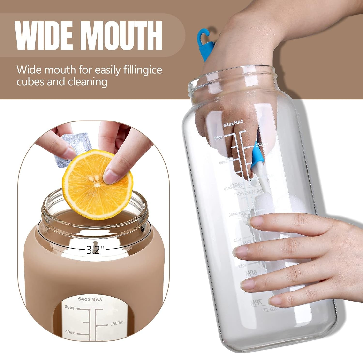 64Oz Glass Water Bottles with Straw, Half Gallon Water Jug with Time Marker, Amber