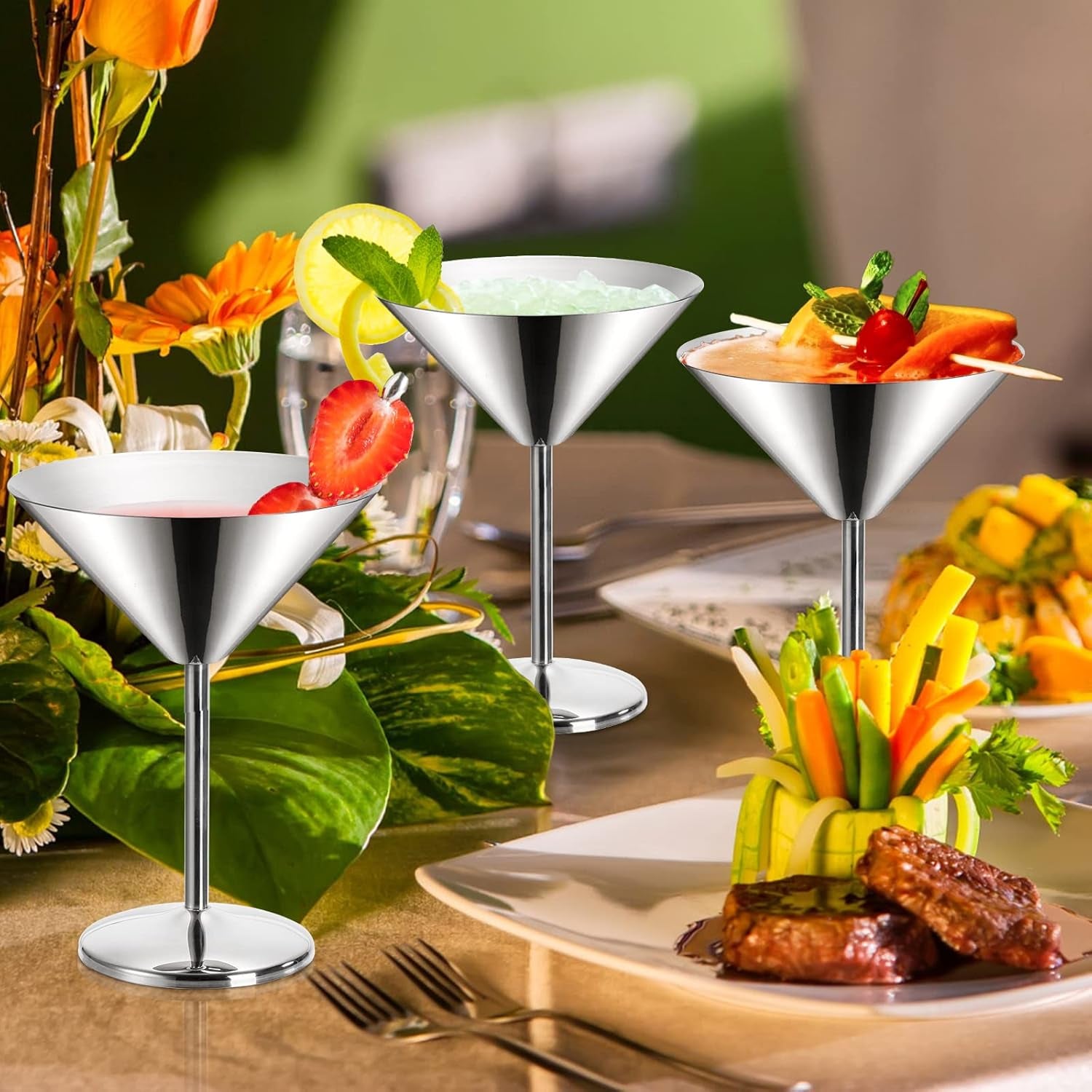 8 Oz Stainless Steel Martini Glasses, 4 Pack , 18/8 Mirror Polished Finish, Shatterproof