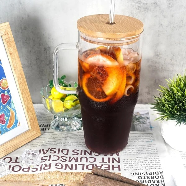 Stylish Glass Cup with Bamboo Lid and Straw