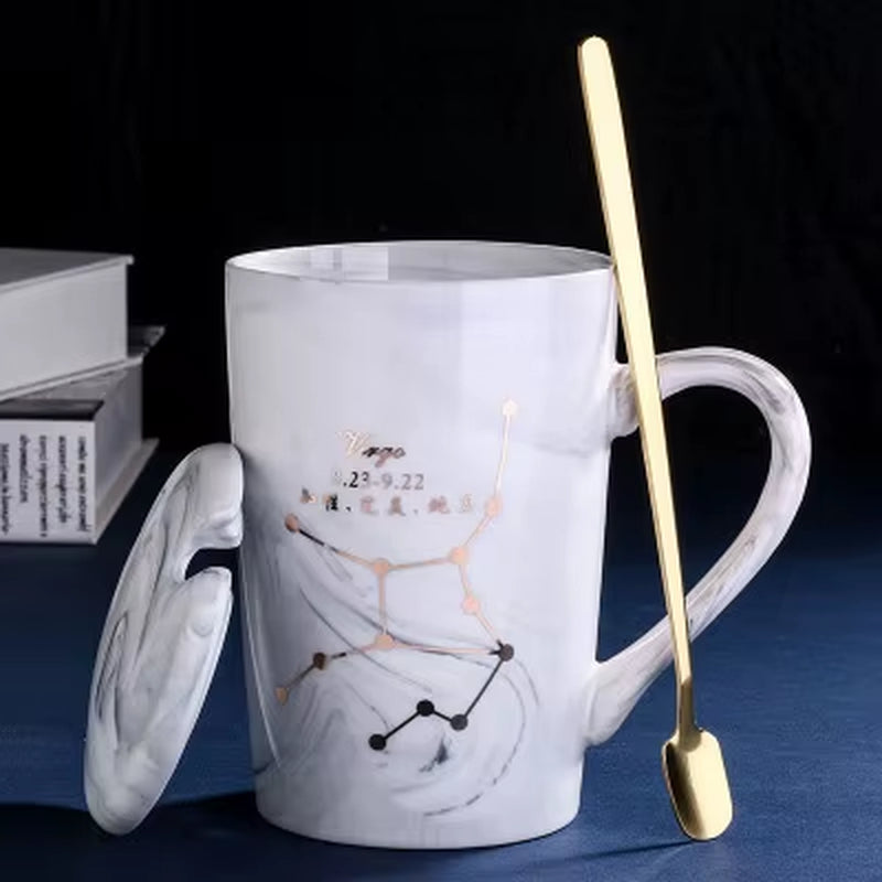 380ML Natural Marble 12 Constellation Ceramic Pink Zodiac Mug with Lid