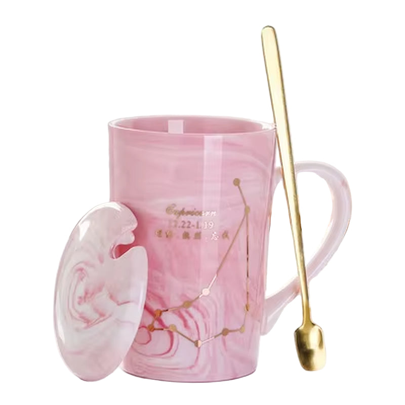 380ML Natural Marble 12 Constellation Ceramic Pink Zodiac Mug with Lid