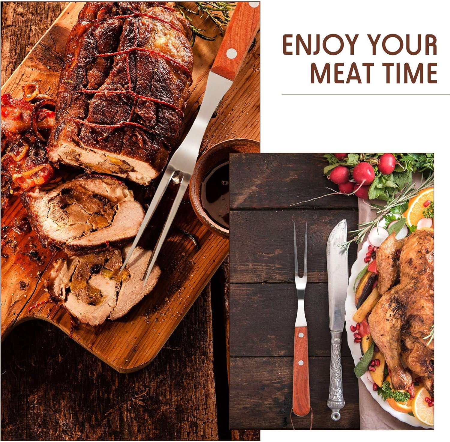 2 Pieces Meat Forks Stainless Steel Carving Fork with Rosewood Handle for Kitchen Barbecue (13 Inch,10 Inch)