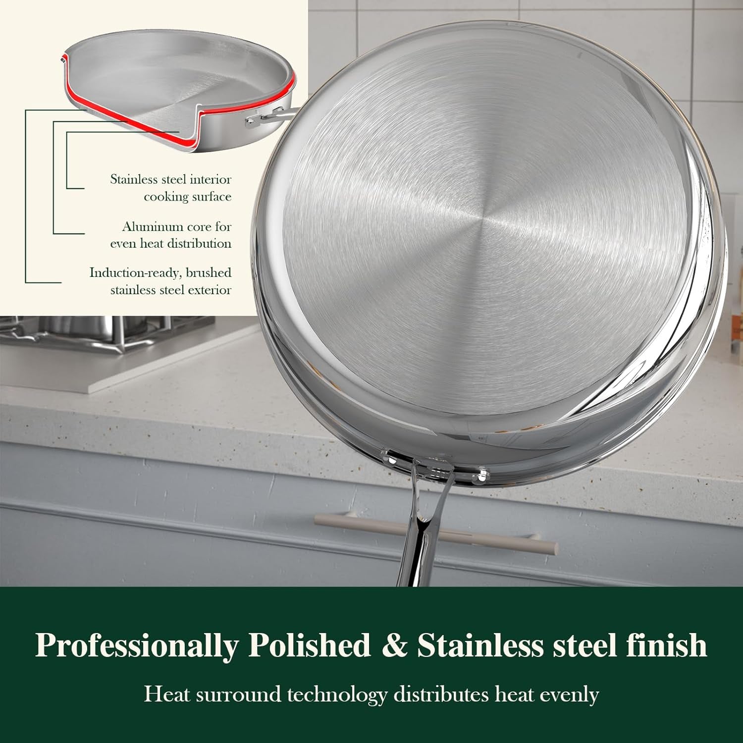12 Inch Tri-Ply Stainless Steel Frying Pan with Lid, Induction Cooking Pans, Dishwasher & Oven Broiler Safe 600F