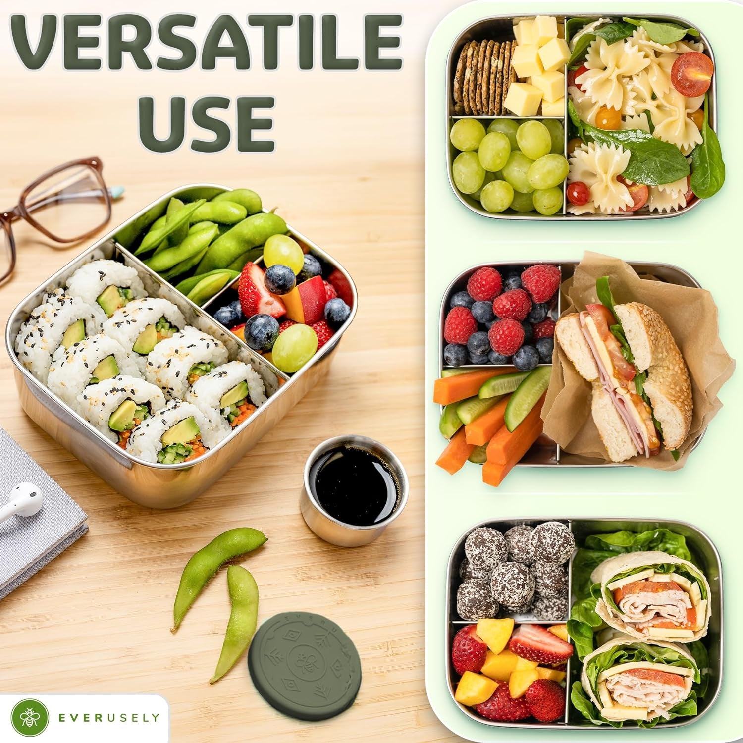 27Oz / 0.8 L - Stainless Steel Lunch Box with Leakproof Condiment Container - 3 Compartment Snack Organizer for on the Go Meals