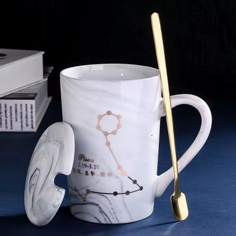 380ML Natural Marble 12 Constellation Ceramic Pink Zodiac Mug with Lid