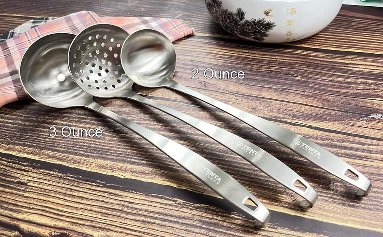 11.5"X 3.6" One Piece Stainless Steel Skimmer/Slotted Spoon/Strainer Ladle with Hook and Hole for Easy Hanging