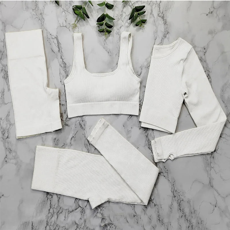 Ribbed Women Sets Fitness Suit Seamless Sportswear Sexy Gym Clothing Stripe Legging Long Sleeve Sport Outfits Woman Tracksuit