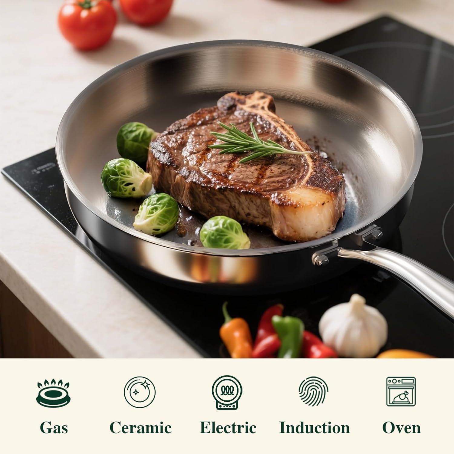 12 Inch Tri-Ply Stainless Steel Frying Pan with Lid, Induction Cooking Pans, Dishwasher & Oven Broiler Safe 600F