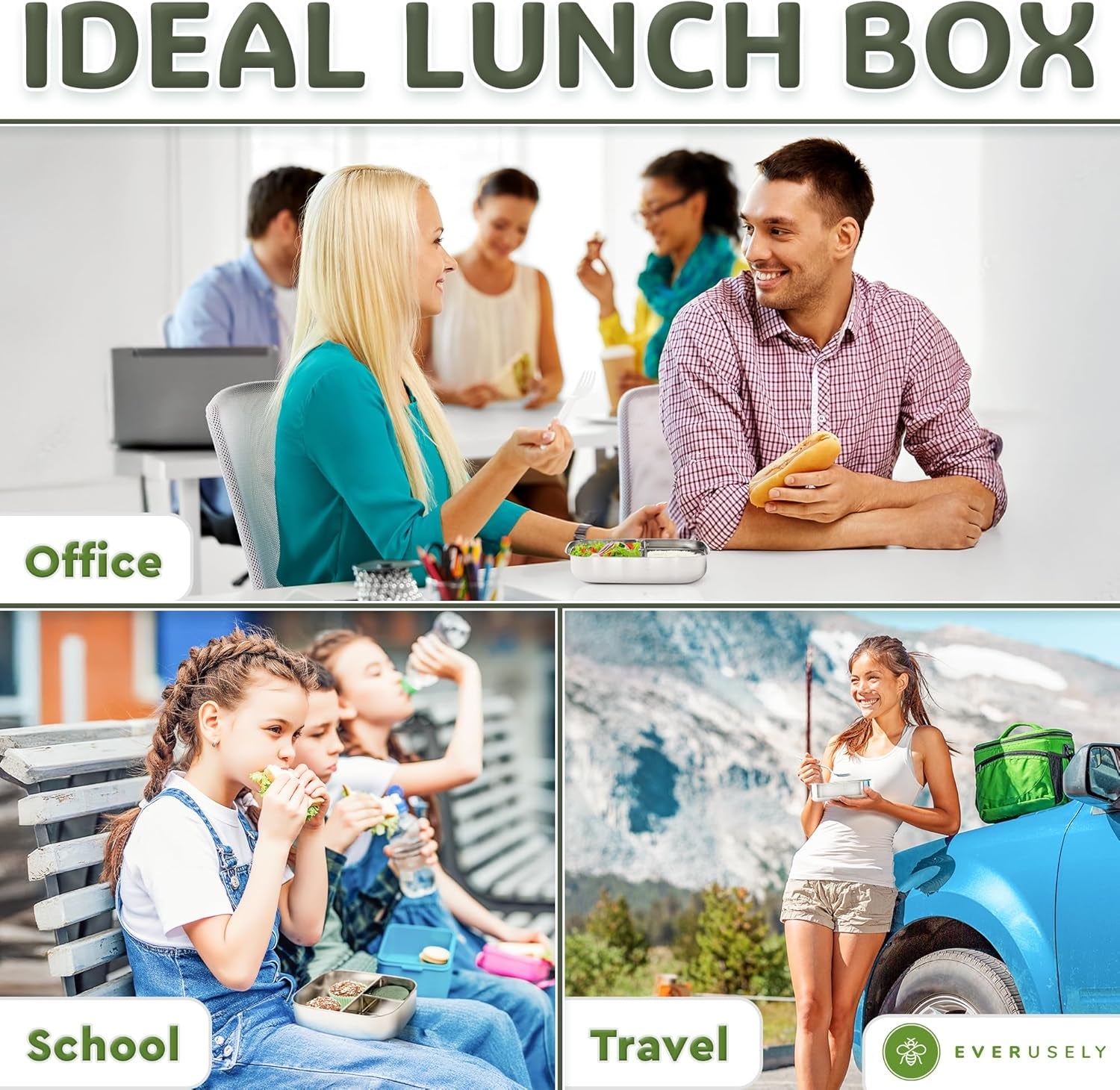 27Oz / 0.8 L - Stainless Steel Lunch Box with Leakproof Condiment Container - 3 Compartment Snack Organizer for on the Go Meals