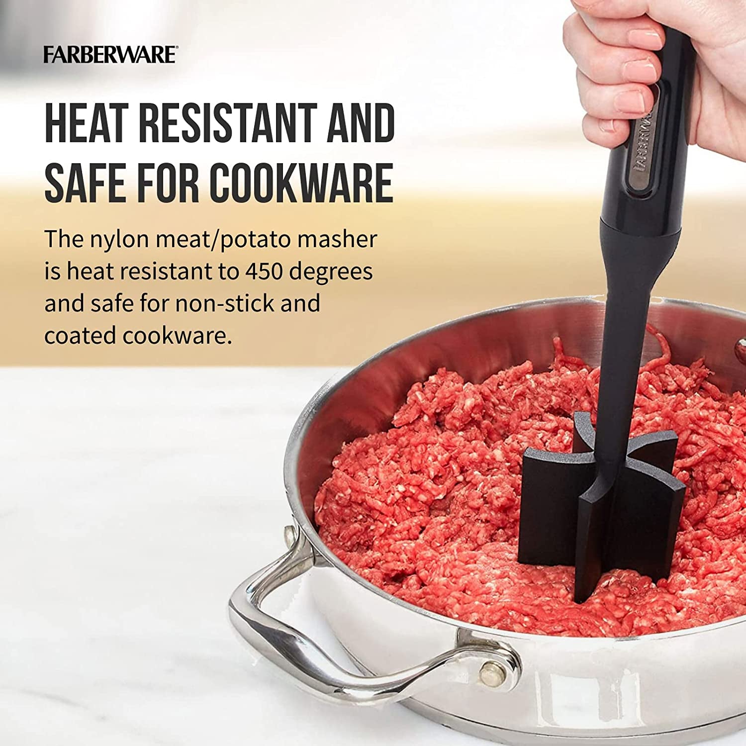 Nylon Meat and Potato Masher – 5-Blade Ground Meat Chopper, Heat-Resistant to 450°F, Safe for Nonstick Cookware, Ergonomic Handle, 10-Inch, Dishwasher-Safe, Black