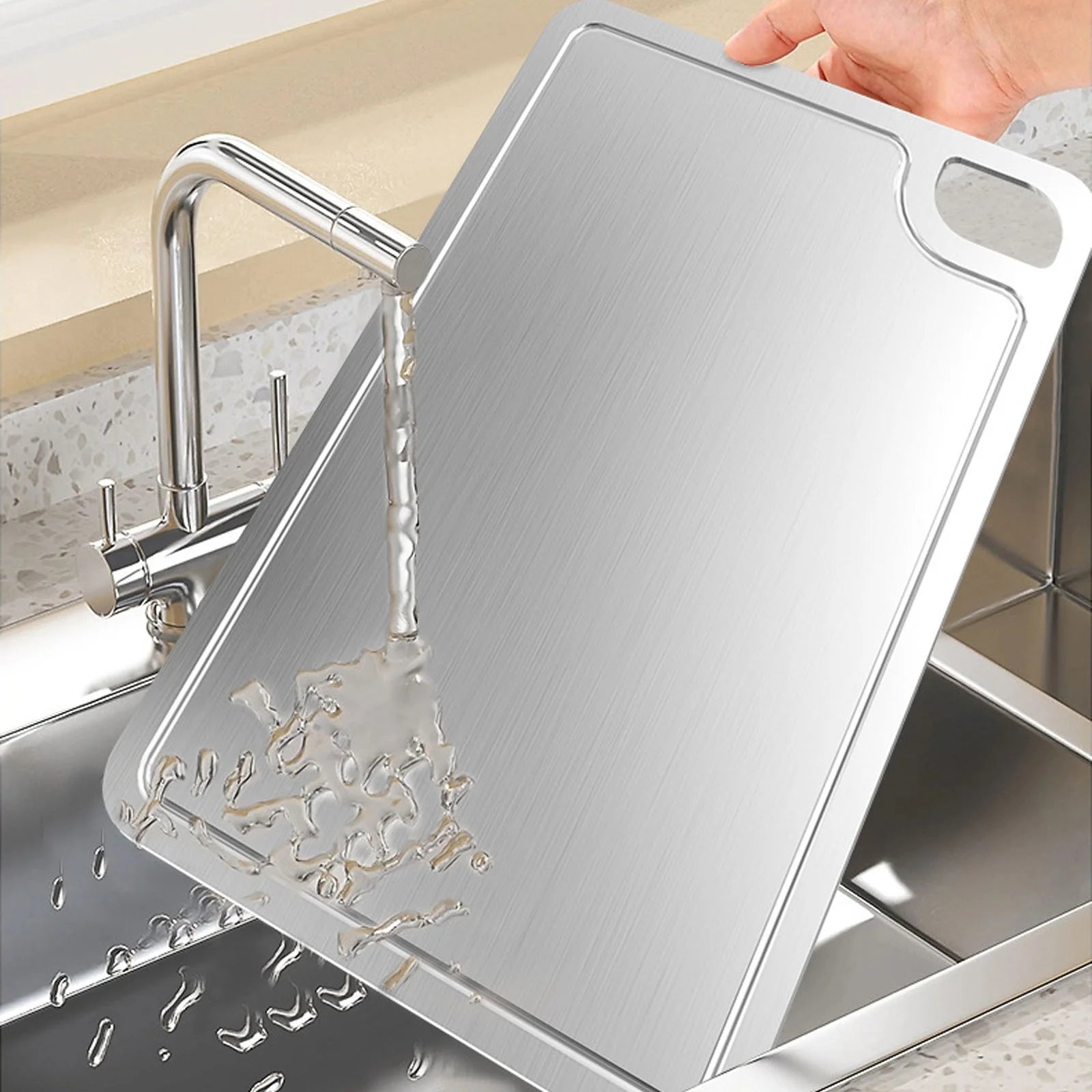 Stainless Steel Double-Sided Chopping Board with Grooves, Non-Stick and Easy Clean