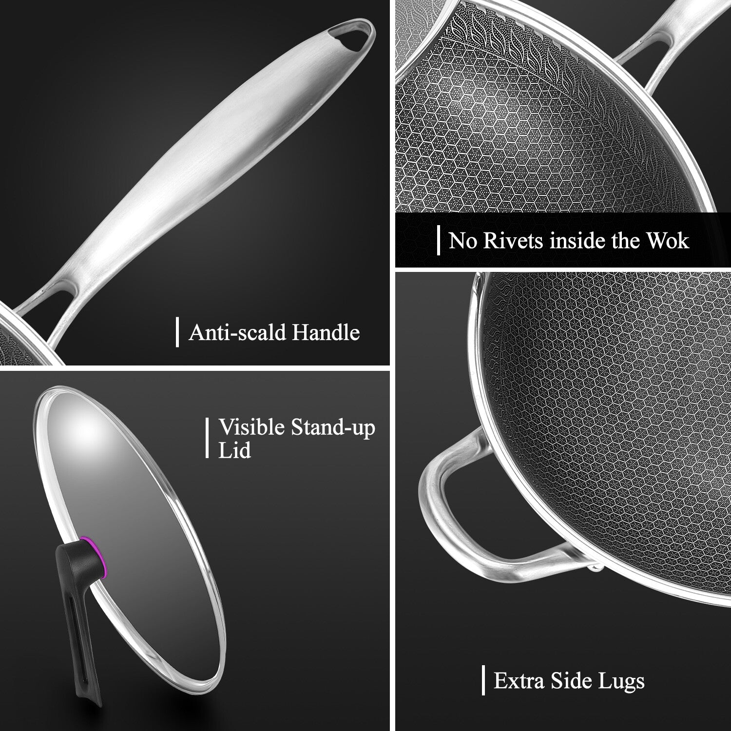 13" Large Honeycomb Wok Stainless Steel Nonstick Frying Pan Induction Cookware