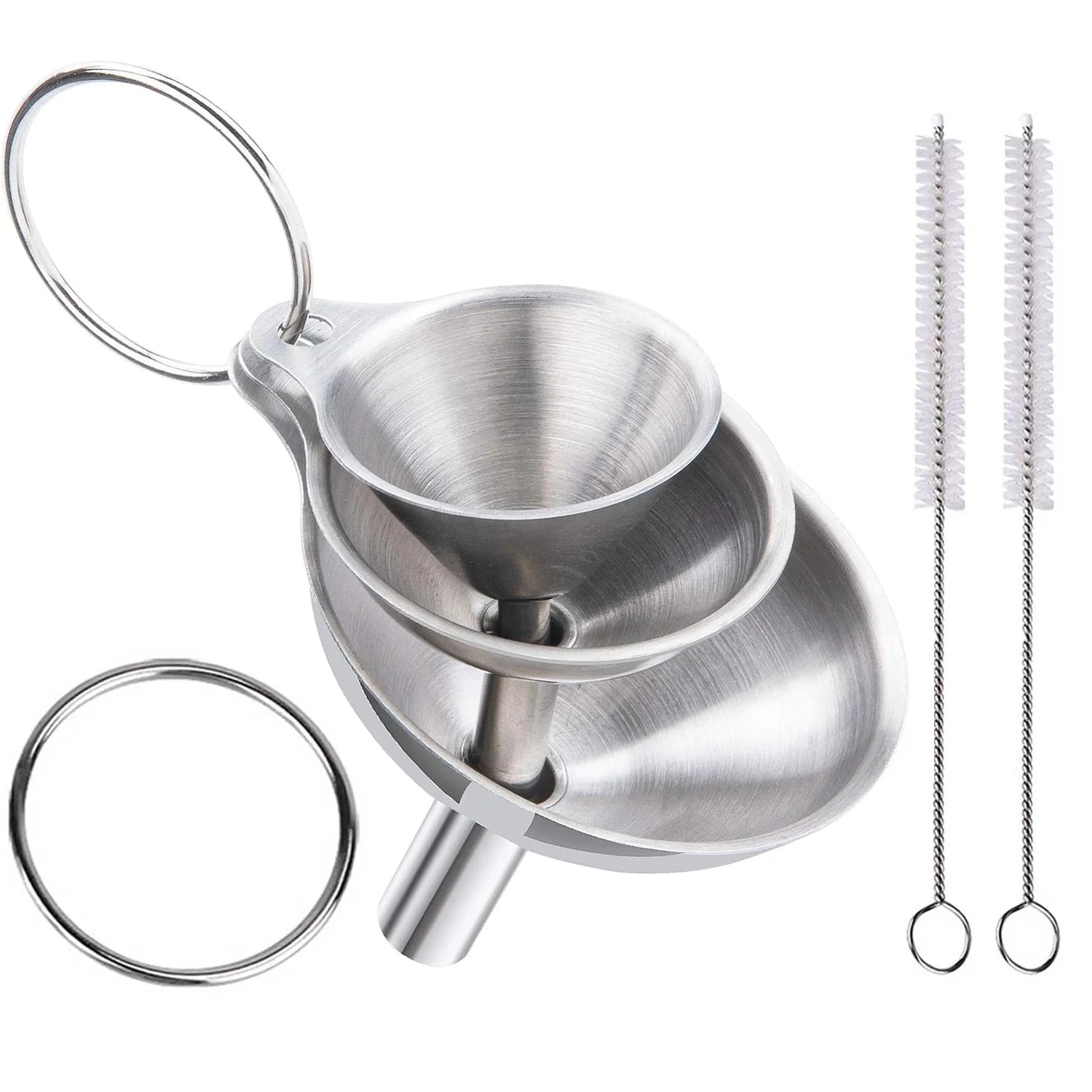 6Pcs Stainless Steel Funnel, Large Small Funnel Set of 3 for Kitchen Use Filling Bottles Flask Cooking, 2 Brushes