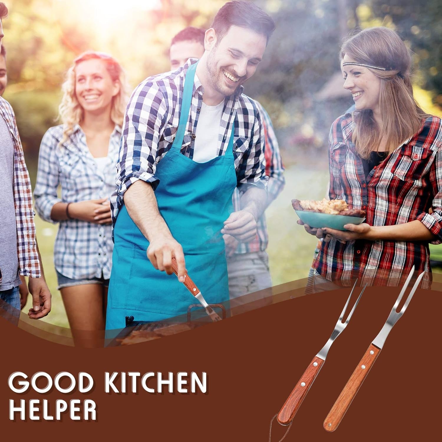 2 Pieces Meat Forks Stainless Steel Carving Fork with Rosewood Handle for Kitchen Barbecue (13 Inch,10 Inch)