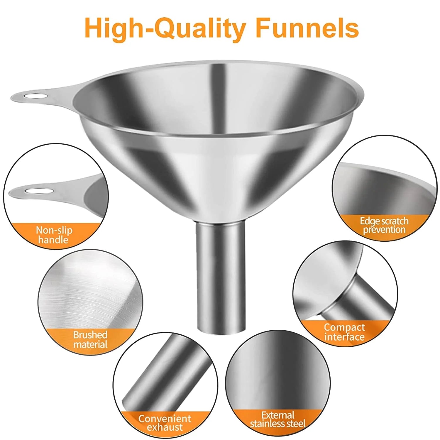 6Pcs Stainless Steel Funnel, Large Small Funnel Set of 3 for Kitchen Use Filling Bottles Flask Cooking, 2 Brushes