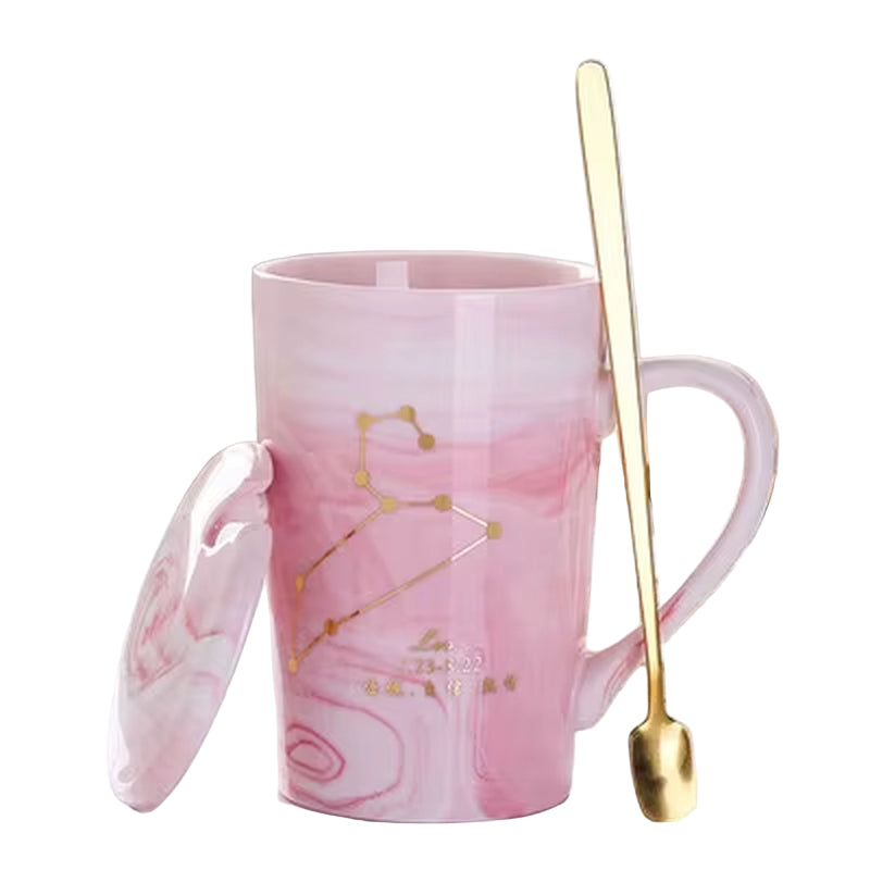 380ML Natural Marble 12 Constellation Ceramic Pink Zodiac Mug with Lid