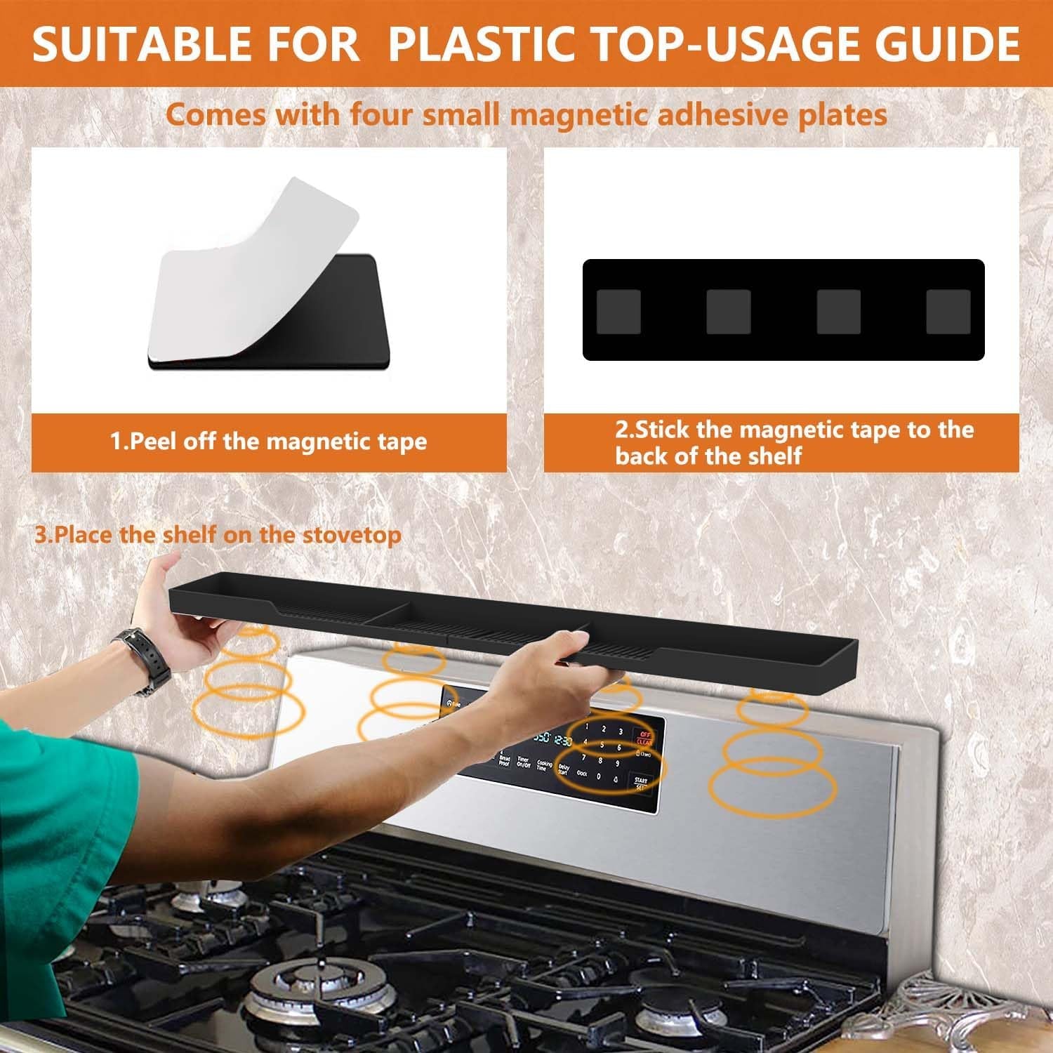 Stove Top Shelf 30 Inch - Silicone Material Magnetic Shelf for Stove - 3 Functional Partitions Kitchen Spice Rack Organizer
