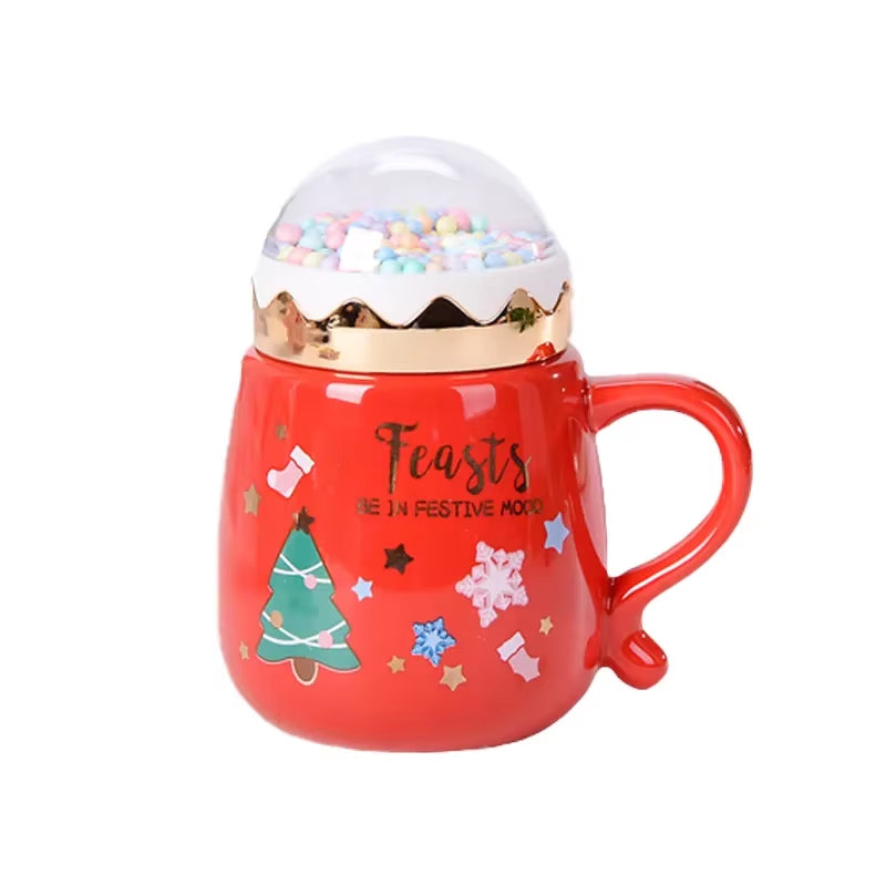Christmas Ceramic Mugs Set with Lid and Spoon