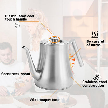 68 oz. Stainless Steel Teapot with Removable Infuser, Stovetop Safe Tea Maker Water Kettle for Loose Leaf & Tea Bags, Silver