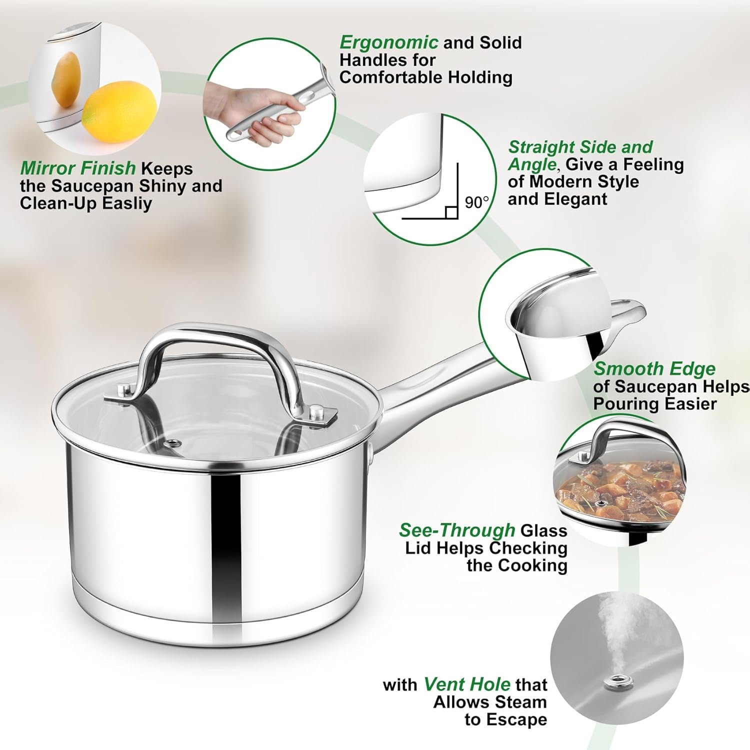 2 Qt Stainless Steel Saucepan with Lid, Tri-Ply Bottom for Induction/Gas/Electric/Ceramic, Dishwasher Safe