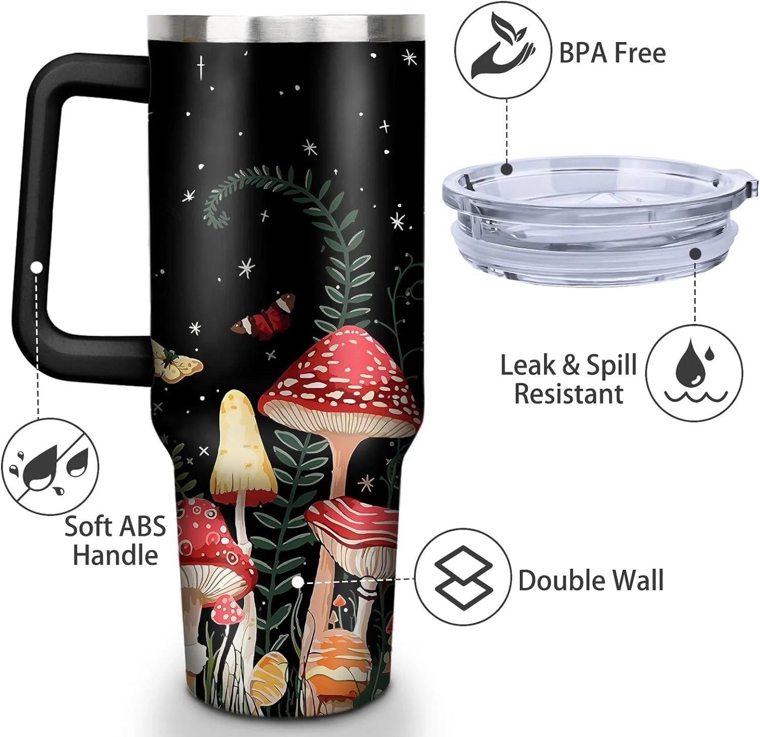 Mushroom 40 Oz Tumbler with Handle and Straw, Double Wall Vacuum Insulated Stainless Steel, 100% Leak-Proof Water Bottle, Travel Mug Coffee Cup