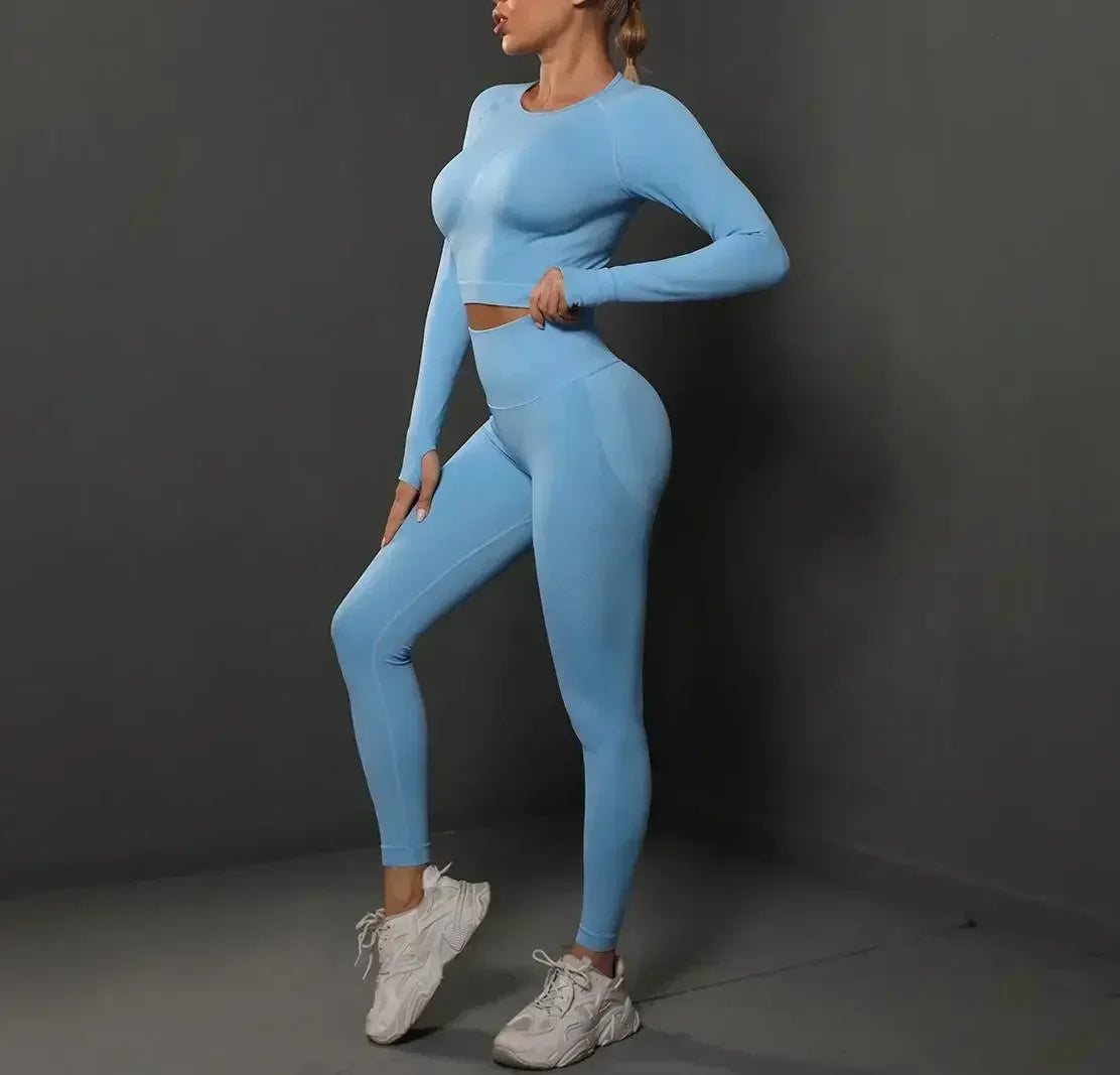 Women'S European and American Seamless Peach Tight Fitting Hip Lifting Yoga Suit Set, Sports Running Fitness Suit Two-Piece Set