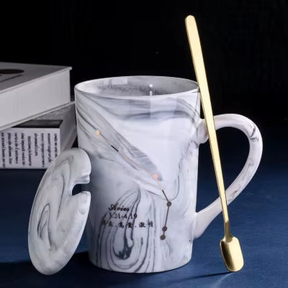 380ML  Natural Marble 12 Constellation Ceramic Pink Zodiac Mug with Lid