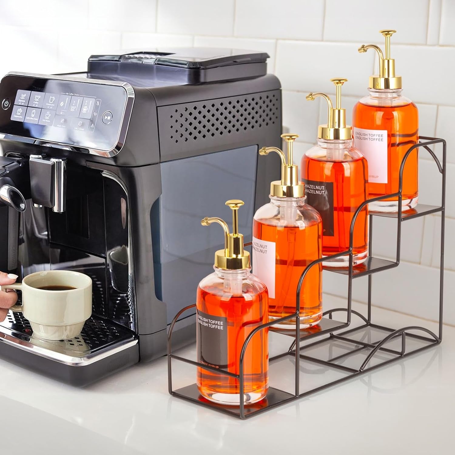 Syrup & Seasoning Rack for Coffee and Kitchen, Iron 4 Compartment Organizer