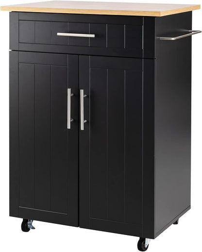 Kitchen Island Cart with Storage, Rolling Kitchen Island Side Table on Wheels with Worktop, Single Door Storage Cabinet and Drawer, Black
