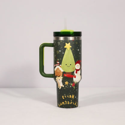Christmas Stainless Steel Tumbler with Handle, Lid & Straw