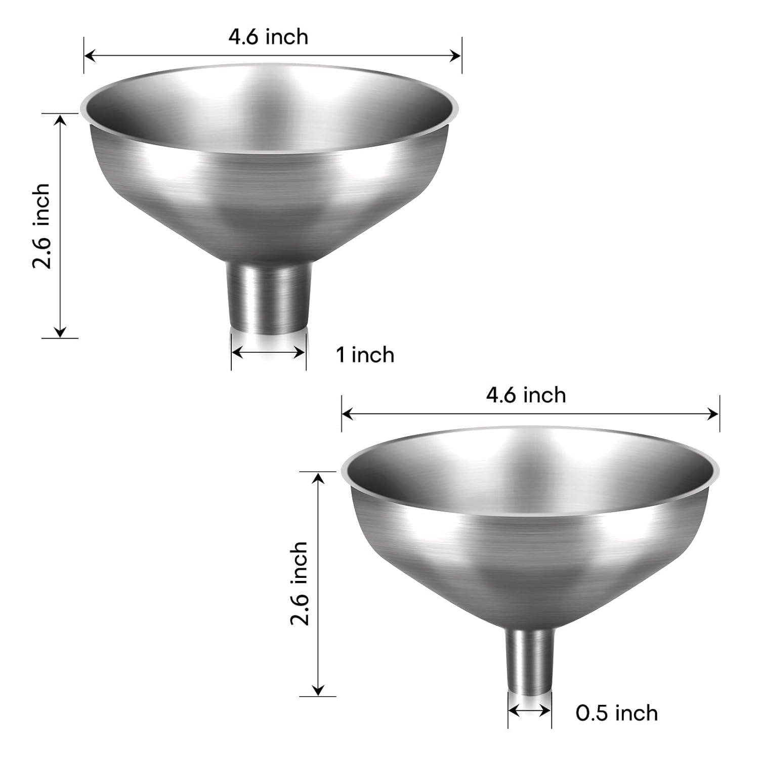 2-Piece Stainless Steel Kitchen Funnel Set with 1-Inch and 0.5-Inch Ports for Transferring and Filling Liquids