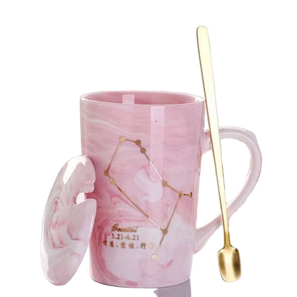 380ML  Natural Marble 12 Constellation Ceramic Pink Zodiac Mug with Lid