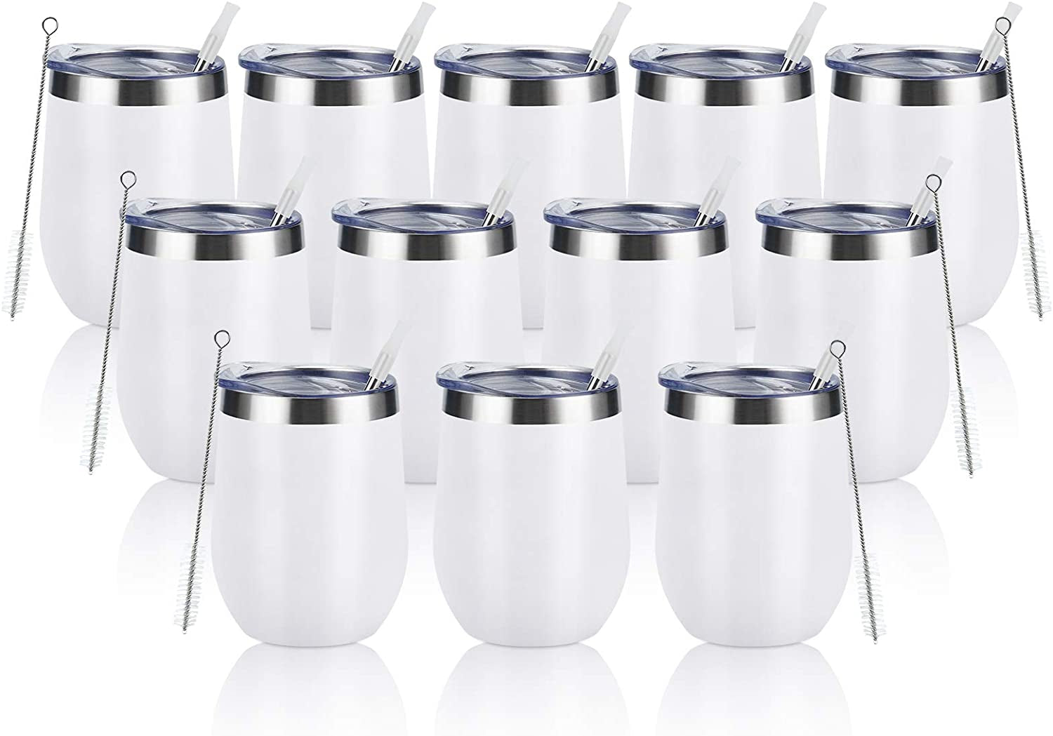 12-Pack 12oz Stainless Steel Wine Tumblers – Double Wall Vacuum Insulated with Lids & Straws