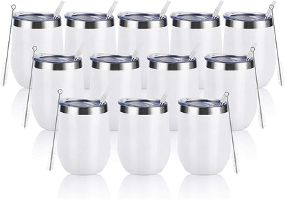 12-Pack 12oz Stainless Steel Wine Tumblers – Double Wall Vacuum Insulated with Lids & Straws