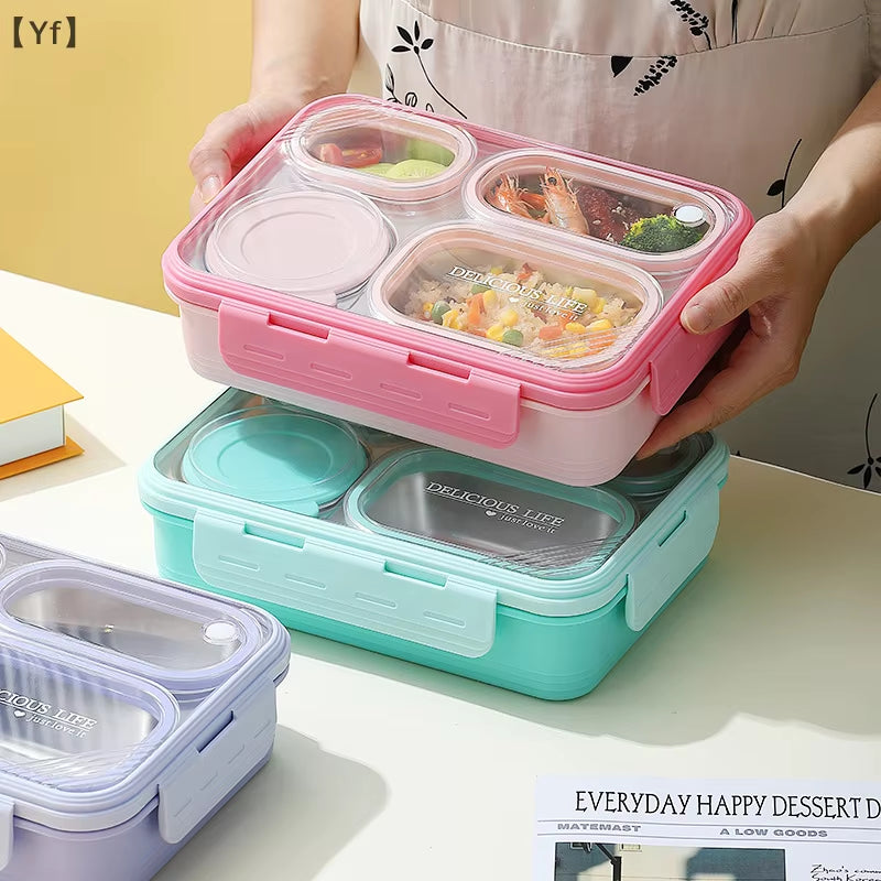 Square 4-Compartment Meal Box Large Capacity Stainless Steel Lunch Box with Soup Container for Students and Office Workers