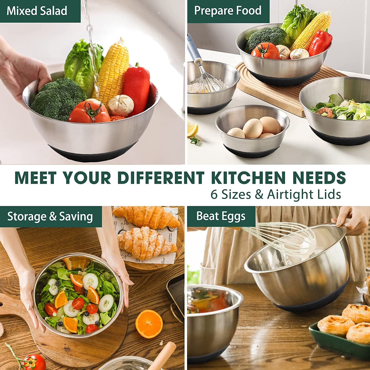 Umite Chef 6-Piece Stainless Steel Mixing Bowls with Airtight Lids