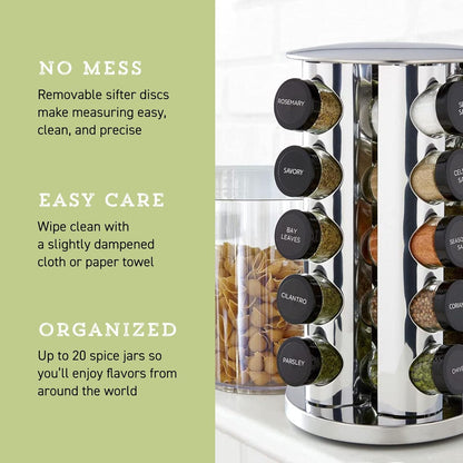 20 Jar Revolving Countertop Spice Rack with Spices Included, FREE Spice Refills for 5 Years, Polished Stainless Steel with Black Caps