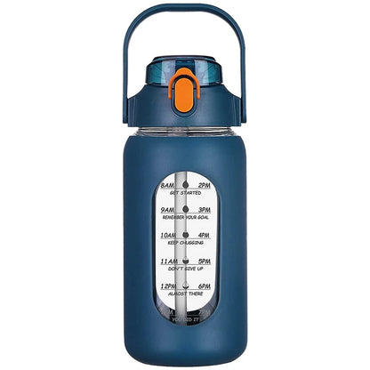1000ML Glass Water Bottles with Straw, Glass Bottle with Silicone Sleeve and Time Marker, for Gym Home Office
