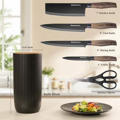 6 Piece Black Kitchen Knife Set, Non-Stick Stainless Steel Knife Block Set, Anti-Rust Dishwasher Safe Knife Set with Block
