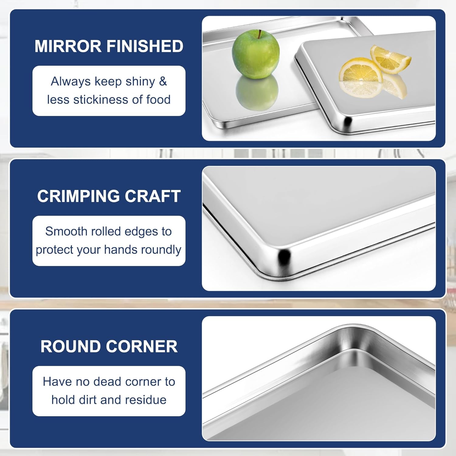 16 Inch Baking Cookie Sheet, Oven Pan Tray Stainless Steel Sheet Pan for Kitchen, Oven Bakeware for Multi Uses, Shiny Look & Dishwasher Safe, 2PCS