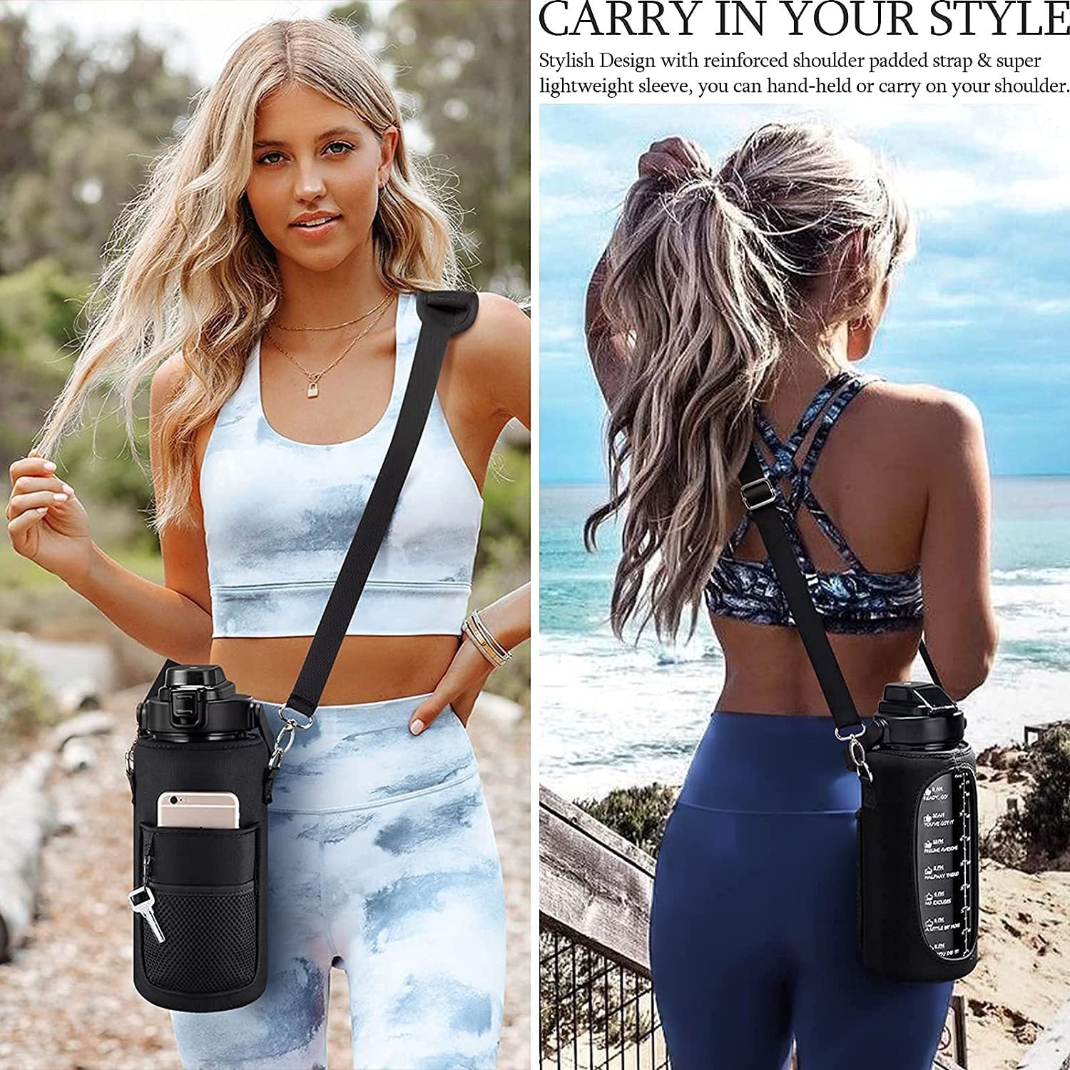 Water Bottle Carrier with Adjustable Shoulder Strap and Pouch